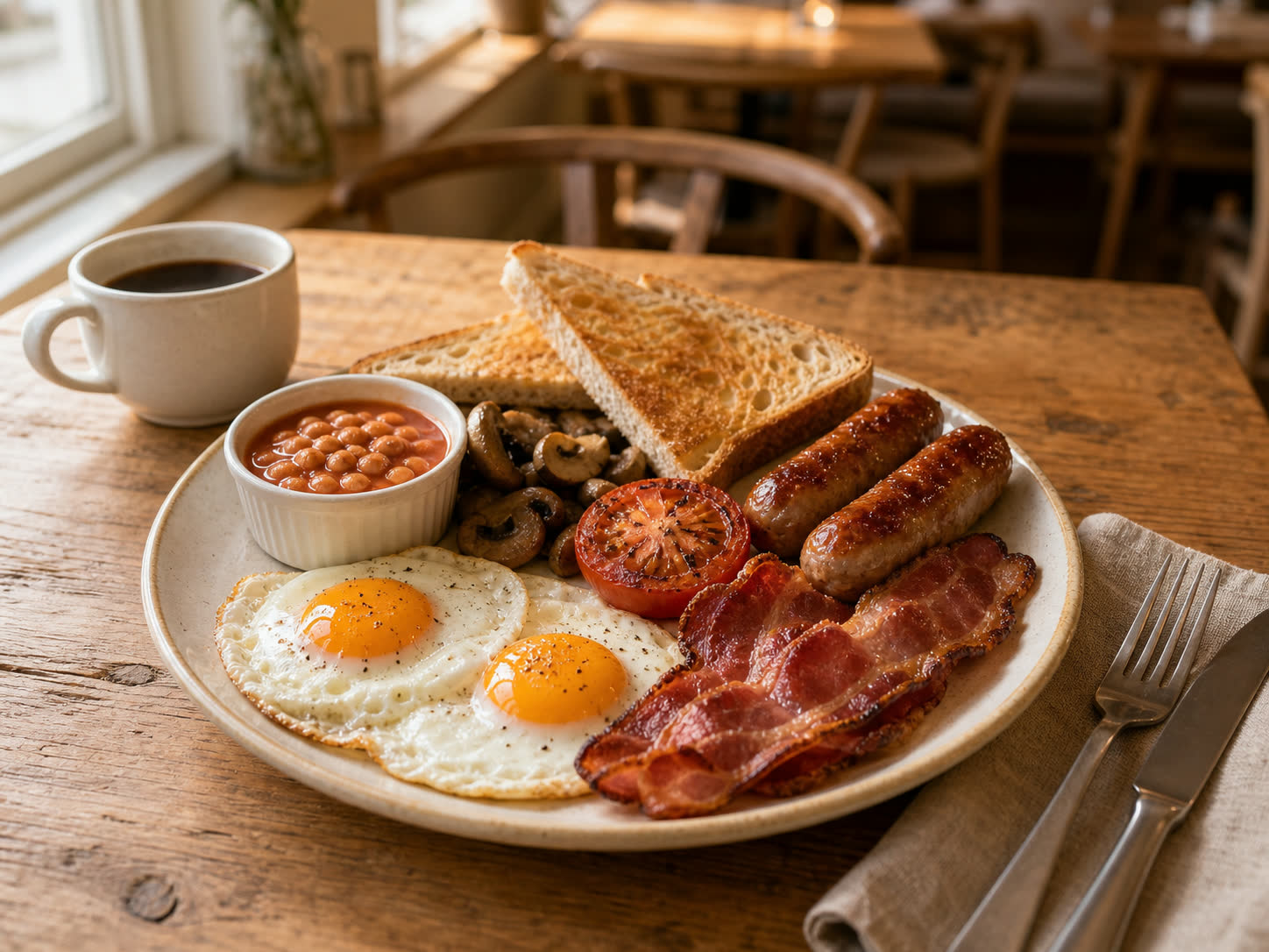 Cooked breakfast plate with eggs, bacon, sausage, beans, mushrooms, tomato and toast, coffee on the side.